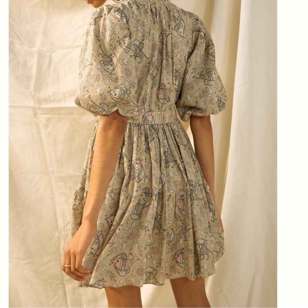 Let Me Be Anthropologie Celeste Fish Print Peasant Puff Sleeves Mini Dress 14 - Picture 3 of 14